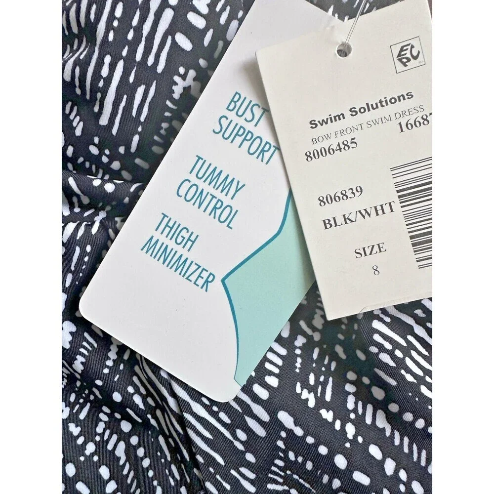 Swim Solutions Women's V-neck Abstract Bow Front  Swim dress Black & White 8 - Picture 7 of 11